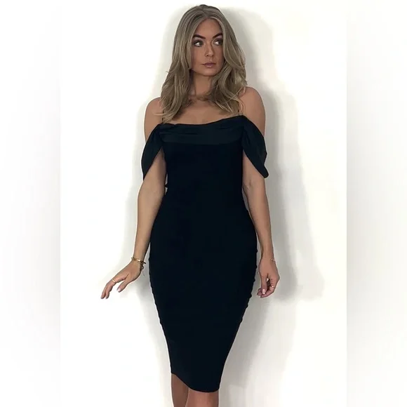 Vesper Black bodycon Bardot Midi Dress - Picture 4 of 6